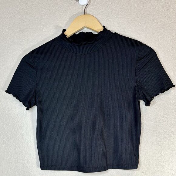 Popular 21 Black Ribbed Mock Neck Crop Top Size L Lettuce Trim Y2K Basic Minimal - Picture 2 of 5